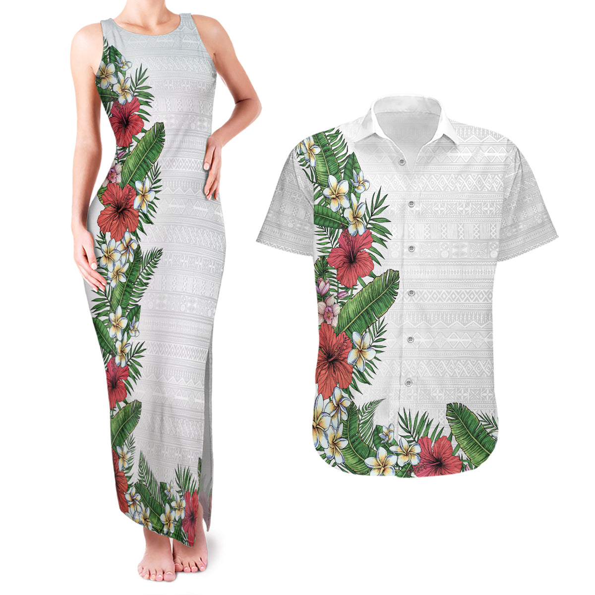 Hawaii Tropical Flowers and Leaves Couples Matching Tank Maxi Dress and Hawaiian Shirt Tapa Pattern White Mode LT03 White - Polynesian Pride