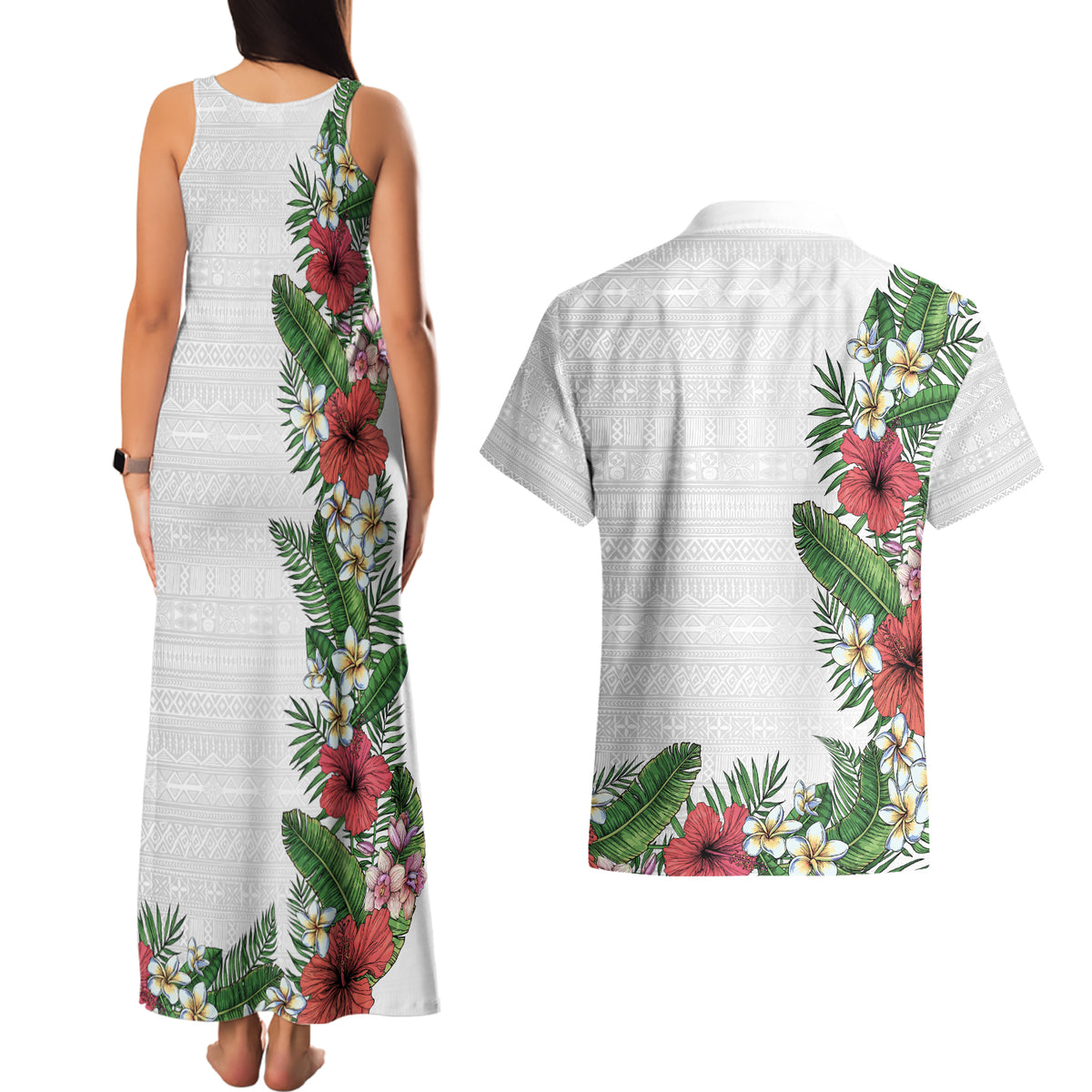 Hawaii Tropical Flowers and Leaves Couples Matching Tank Maxi Dress and Hawaiian Shirt Tapa Pattern White Mode LT03 - Polynesian Pride
