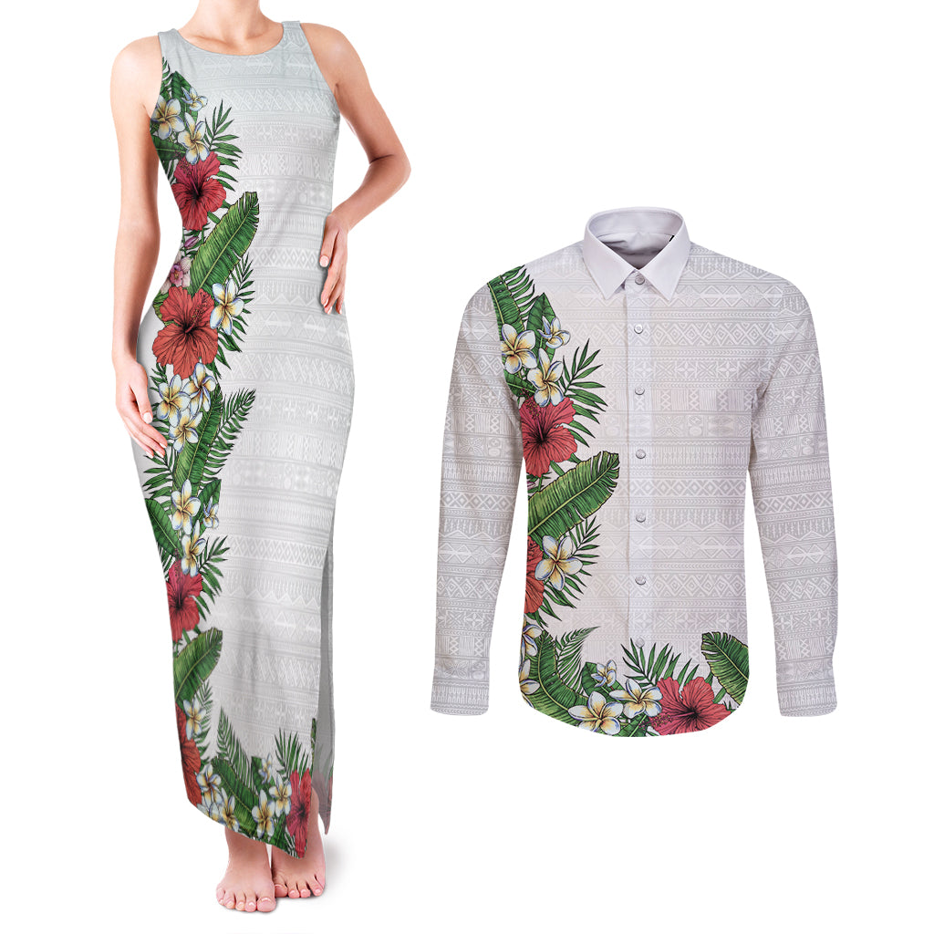 Hawaii Tropical Flowers and Leaves Couples Matching Tank Maxi Dress and Long Sleeve Button Shirt Tapa Pattern White Mode LT03 White - Polynesian Pride