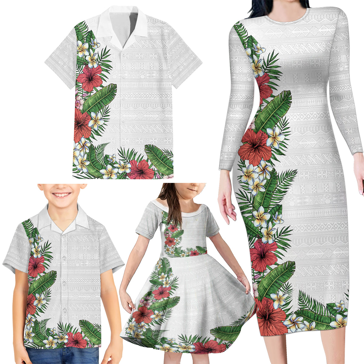 Hawaii Tropical Flowers and Leaves Family Matching Long Sleeve Bodycon Dress and Hawaiian Shirt Tapa Pattern White Mode LT03 - Polynesian Pride