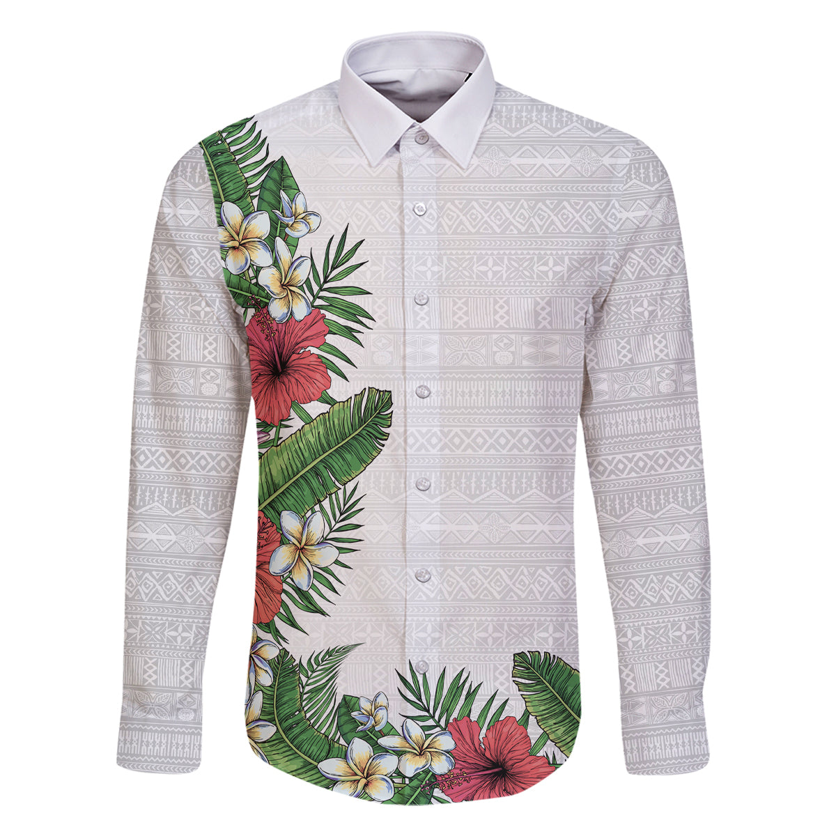 Hawaii Tropical Flowers and Leaves Family Matching Mermaid Dress and Hawaiian Shirt Tapa Pattern White Mode LT03 Dad's Shirt - Long Sleeve White - Polynesian Pride