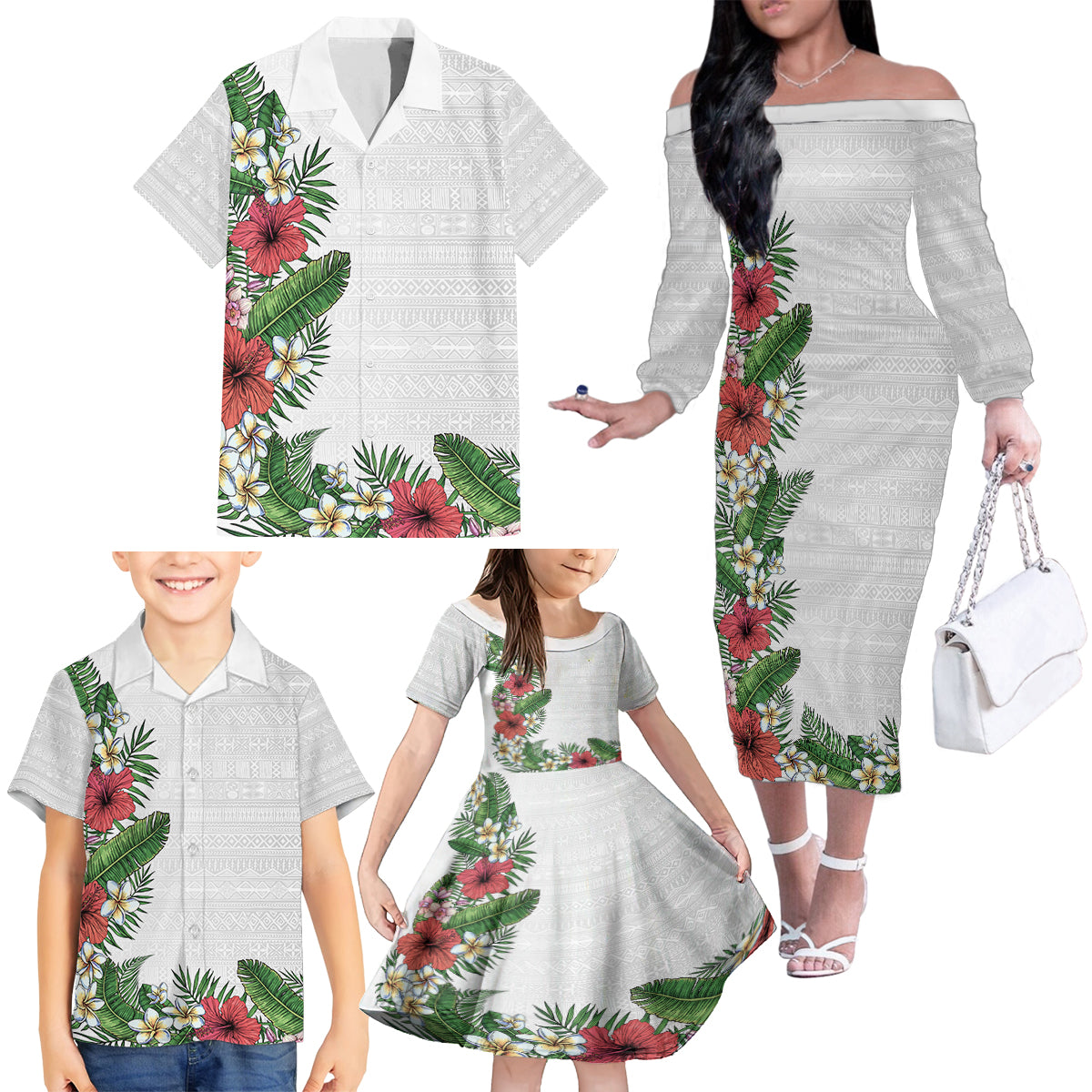 Hawaii Tropical Flowers and Leaves Family Matching Off The Shoulder Long Sleeve Dress and Hawaiian Shirt Tapa Pattern White Mode