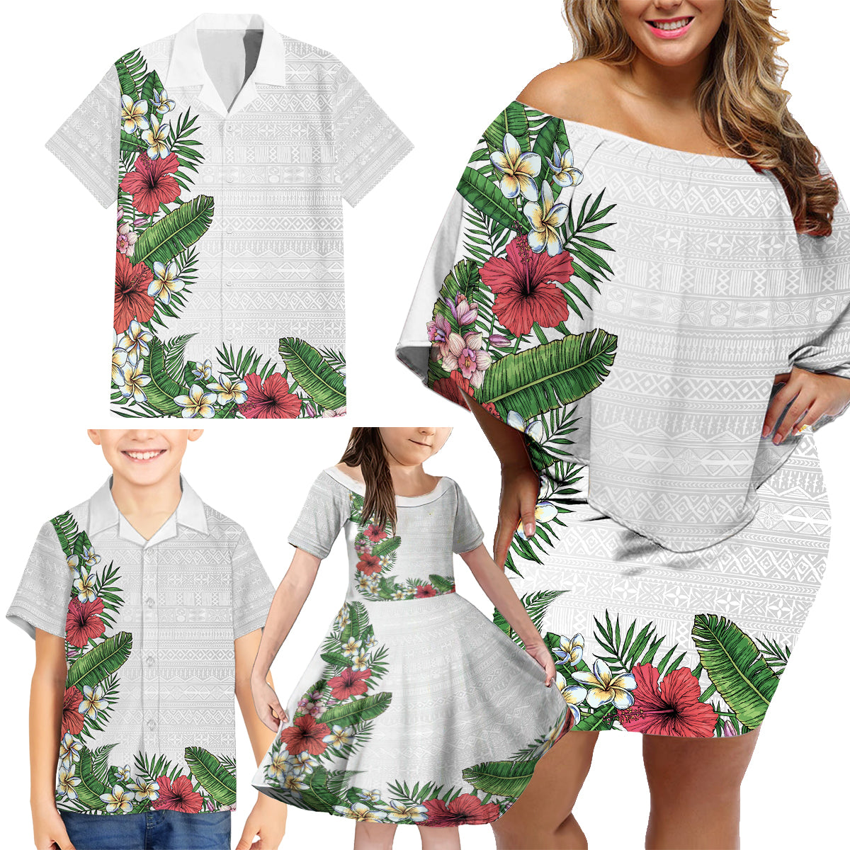 Hawaii Tropical Flowers and Leaves Family Matching Off Shoulder Short Dress and Hawaiian Shirt Tapa Pattern White Mode LT03 - Polynesian Pride