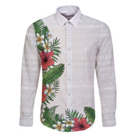 Hawaii Tropical Flowers and Leaves Family Matching Off Shoulder Short Dress and Hawaiian Shirt Tapa Pattern White Mode LT03 Dad's Shirt - Long Sleeve White - Polynesian Pride