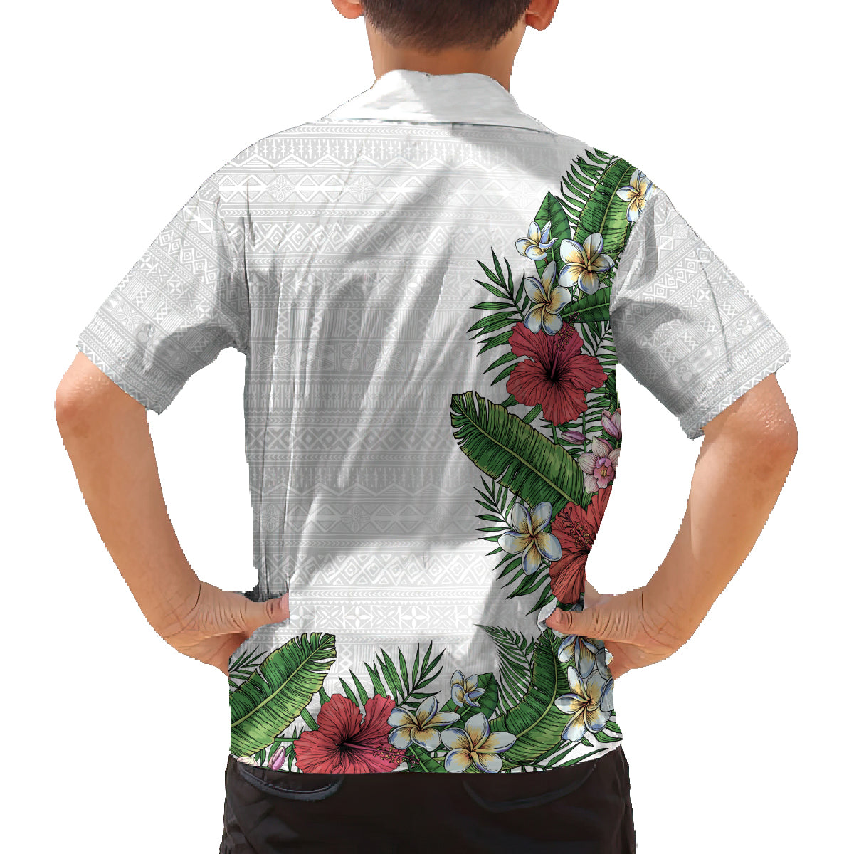Hawaii Tropical Flowers and Leaves Family Matching Puletasi and Hawaiian Shirt Tapa Pattern White Mode LT03 - Polynesian Pride
