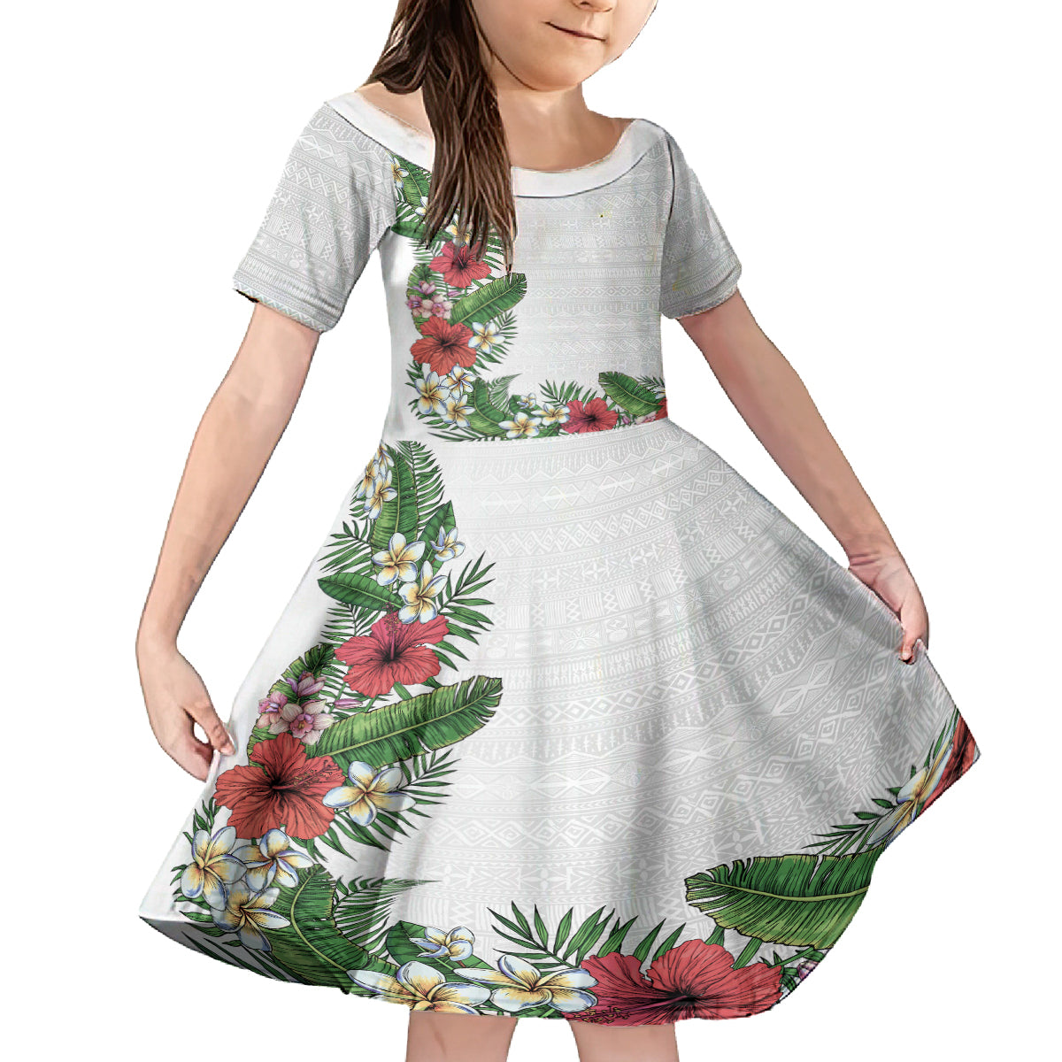Hawaii Tropical Flowers and Leaves Family Matching Puletasi and Hawaiian Shirt Tapa Pattern White Mode LT03 Daughter's Dress White - Polynesian Pride