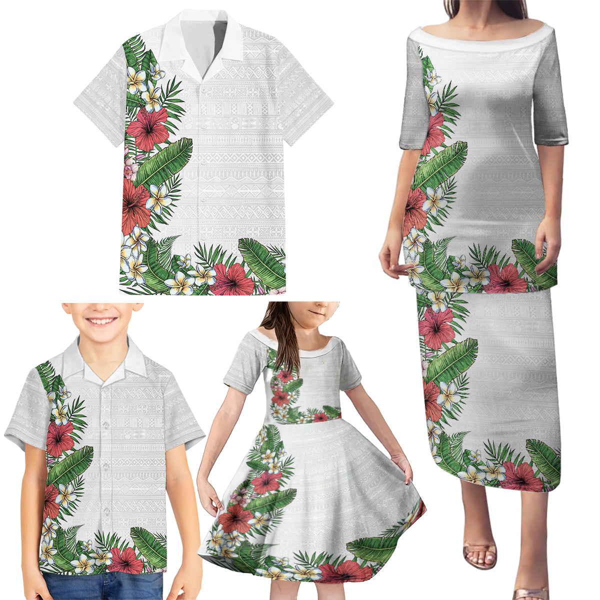 Hawaii Tropical Flowers and Leaves Family Matching Puletasi and Hawaiian Shirt Tapa Pattern White Mode LT03 - Polynesian Pride