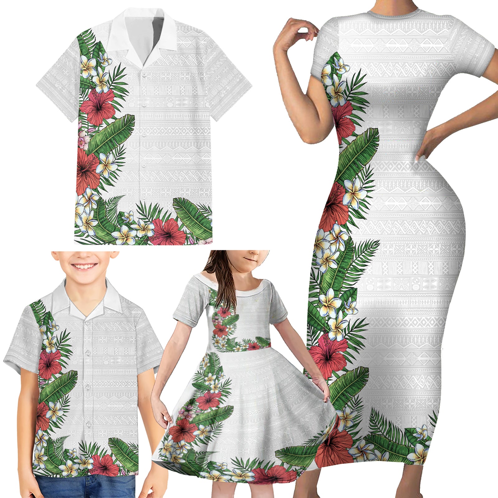 Hawaii Tropical Flowers and Leaves Family Matching Short Sleeve Bodycon Dress and Hawaiian Shirt Tapa Pattern White Mode LT03 - Polynesian Pride