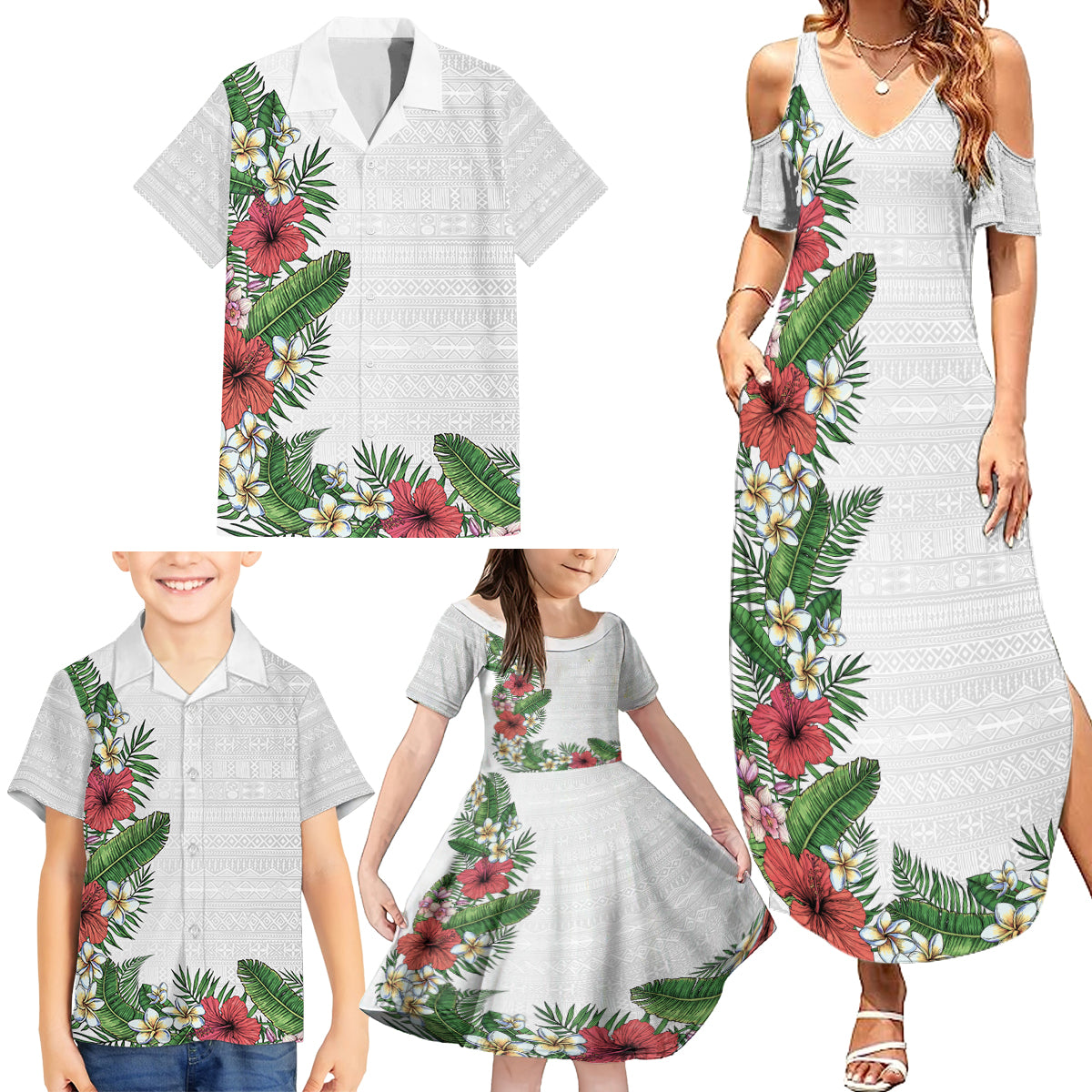 Hawaii Tropical Flowers and Leaves Family Matching Summer Maxi Dress and Hawaiian Shirt Tapa Pattern White Mode