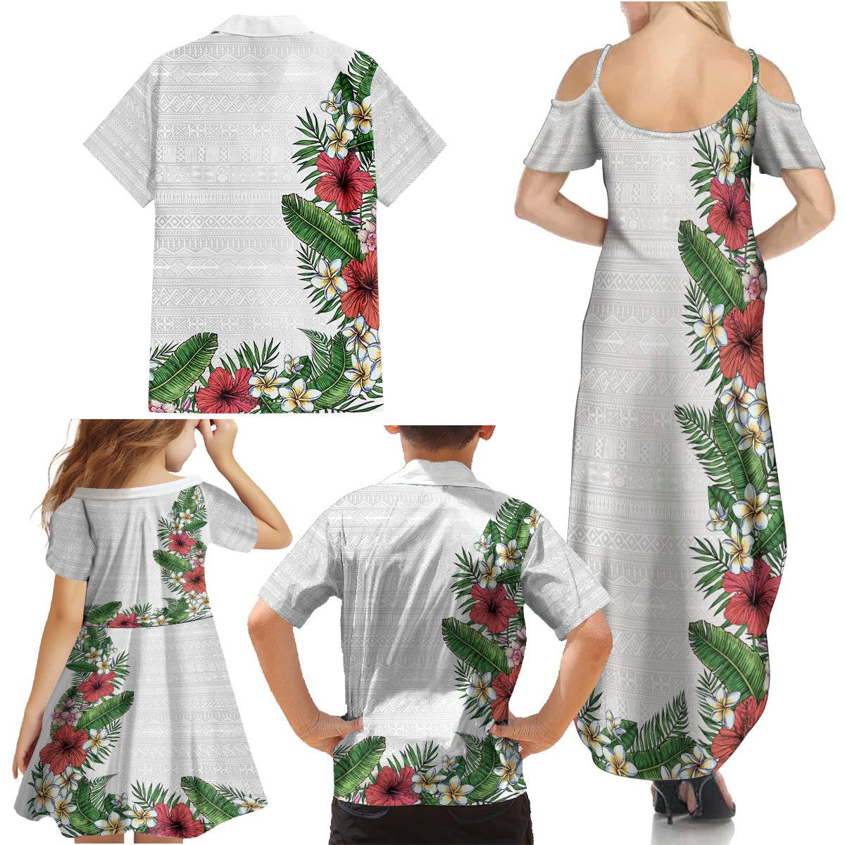Hawaii Tropical Flowers and Leaves Family Matching Summer Maxi Dress and Hawaiian Shirt Tapa Pattern White Mode