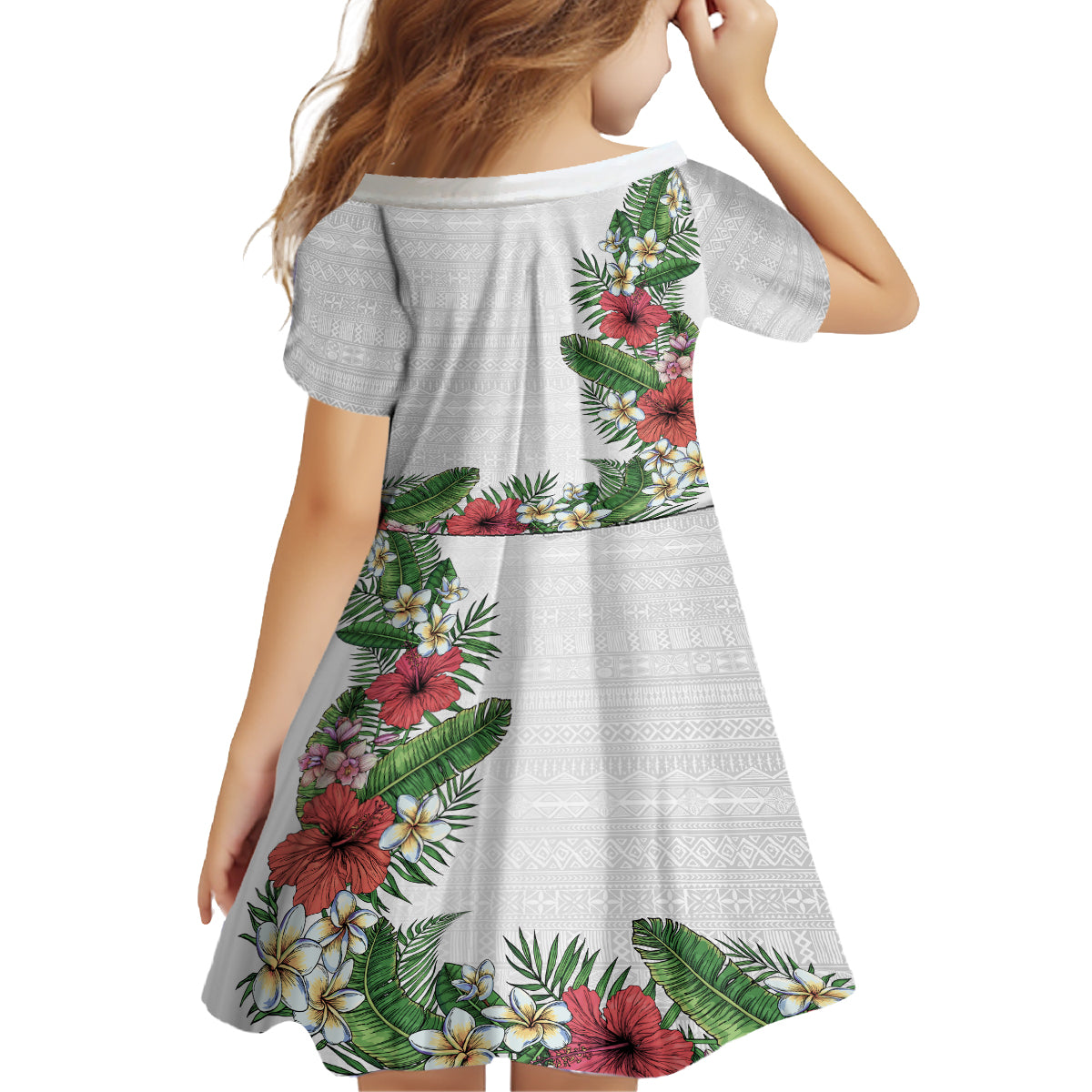 Hawaii Tropical Flowers and Leaves Family Matching Tank Maxi Dress and Hawaiian Shirt Tapa Pattern White Mode