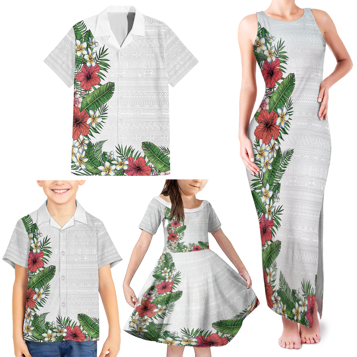 Hawaii Tropical Flowers and Leaves Family Matching Tank Maxi Dress and Hawaiian Shirt Tapa Pattern White Mode LT03 - Polynesian Pride