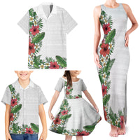 Hawaii Tropical Flowers and Leaves Family Matching Tank Maxi Dress and Hawaiian Shirt Tapa Pattern White Mode