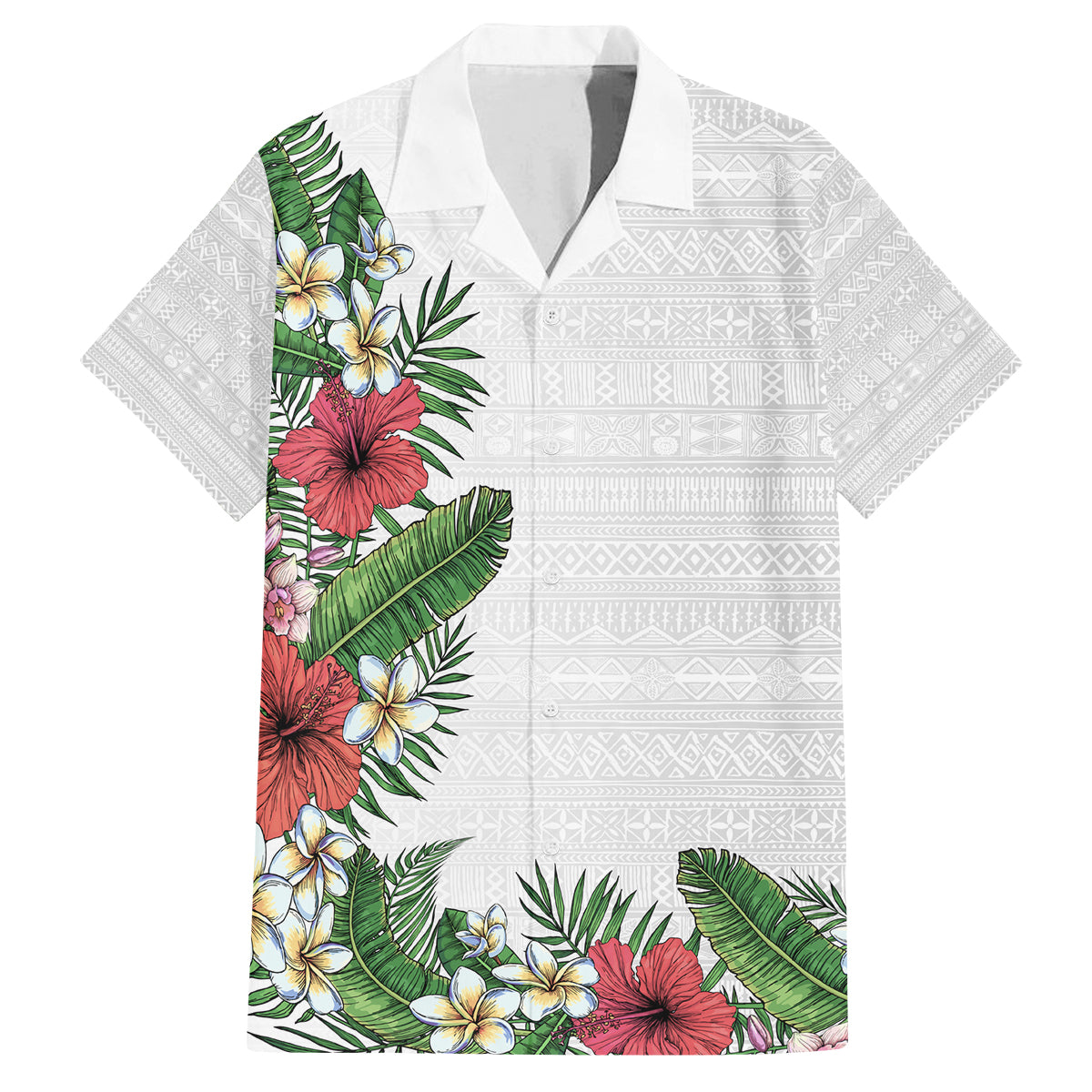 Hawaii Tropical Flowers and Leaves Family Matching Tank Maxi Dress and Hawaiian Shirt Tapa Pattern White Mode