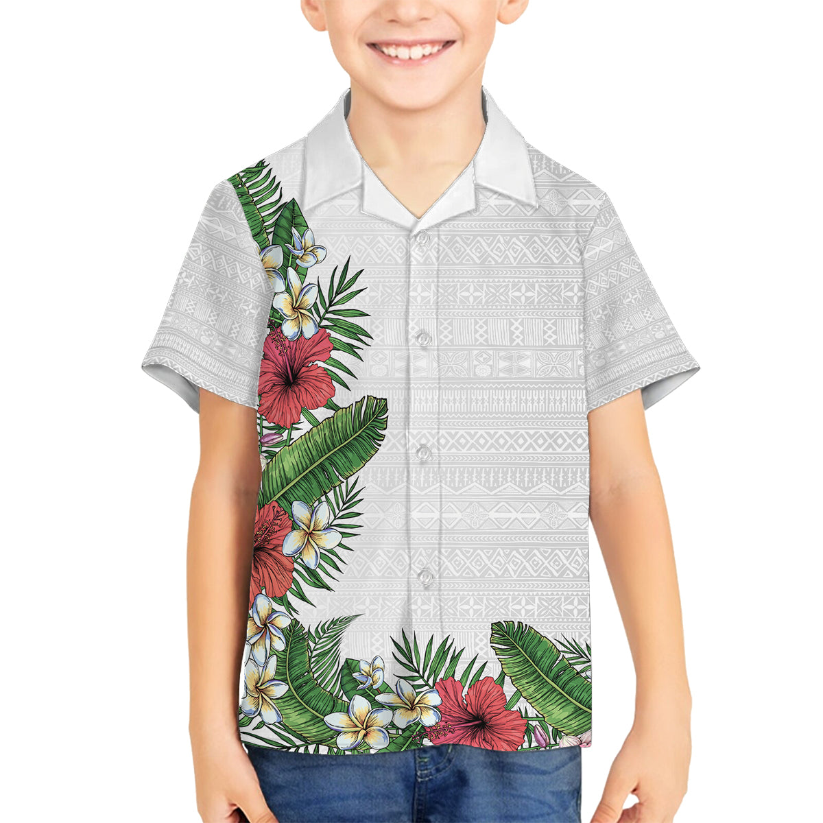 Hawaii Tropical Flowers and Leaves Family Matching Tank Maxi Dress and Hawaiian Shirt Tapa Pattern White Mode