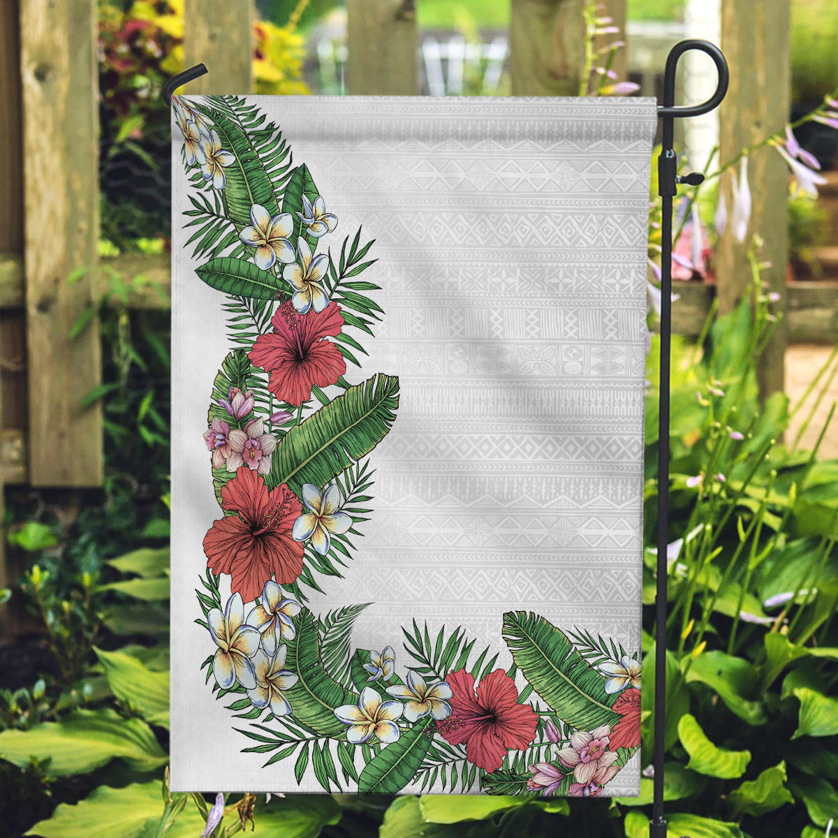 Hawaii Tropical Flowers and Leaves Garden Flag Tapa Pattern White Mode LT03 Garden Flag White - Polynesian Pride