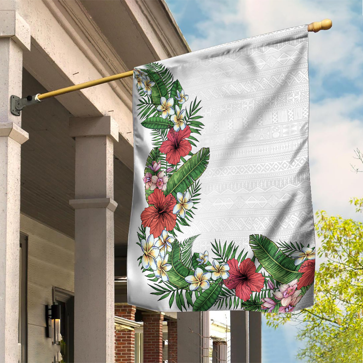 Hawaii Tropical Flowers and Leaves Garden Flag Tapa Pattern White Mode LT03 House Flag White - Polynesian Pride