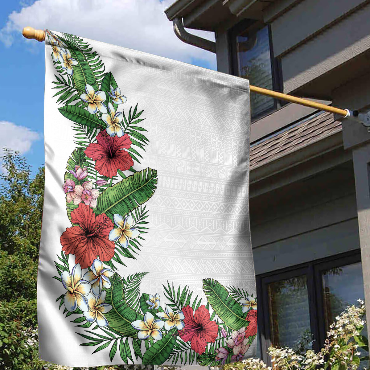 Hawaii Tropical Flowers and Leaves Garden Flag Tapa Pattern White Mode LT03 - Polynesian Pride