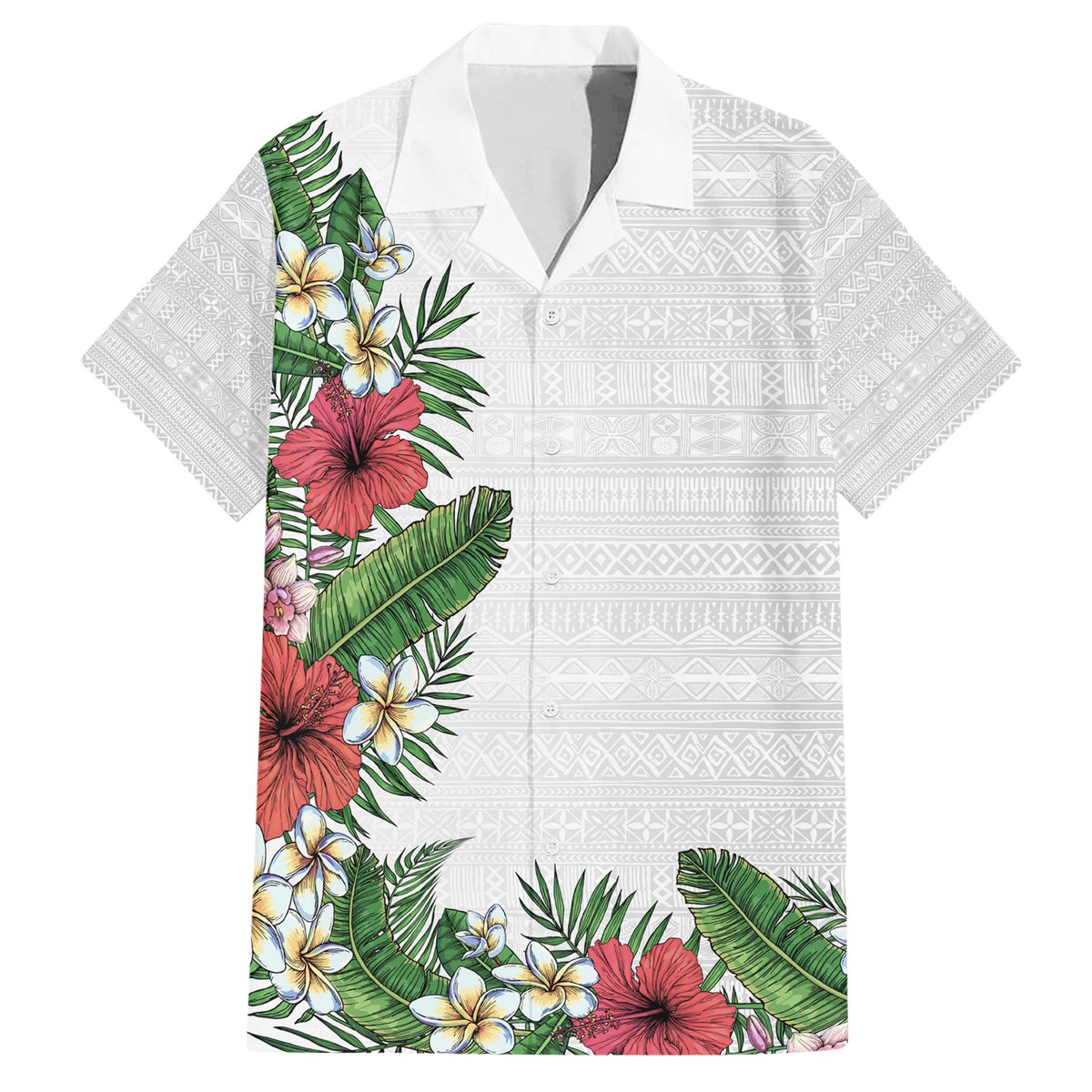 Hawaii Tropical Flowers and Leaves Hawaiian Shirt Tapa Pattern White Mode LT03 White - Polynesian Pride