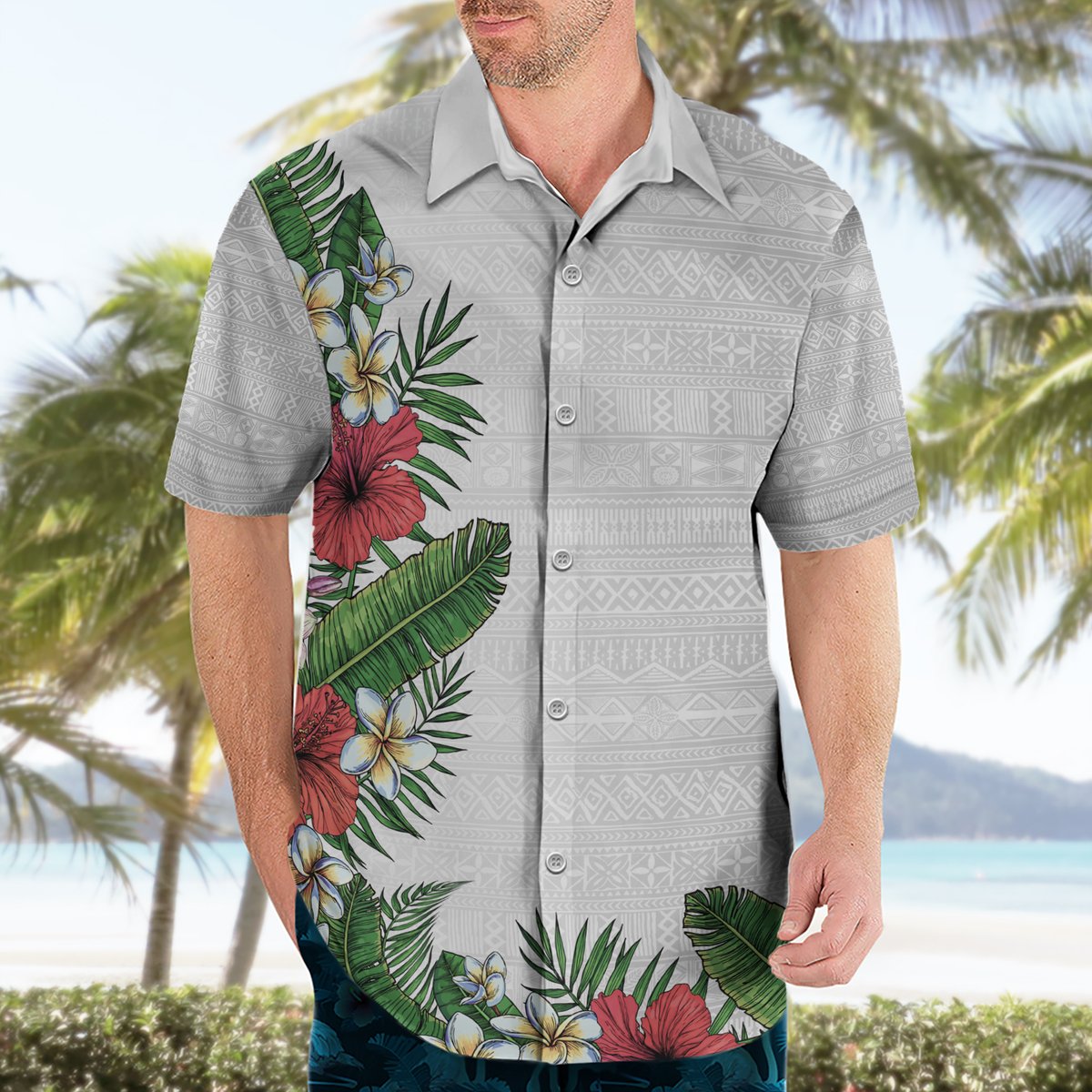 Hawaii Tropical Flowers and Leaves Hawaiian Shirt Tapa Pattern White Mode LT03 - Polynesian Pride