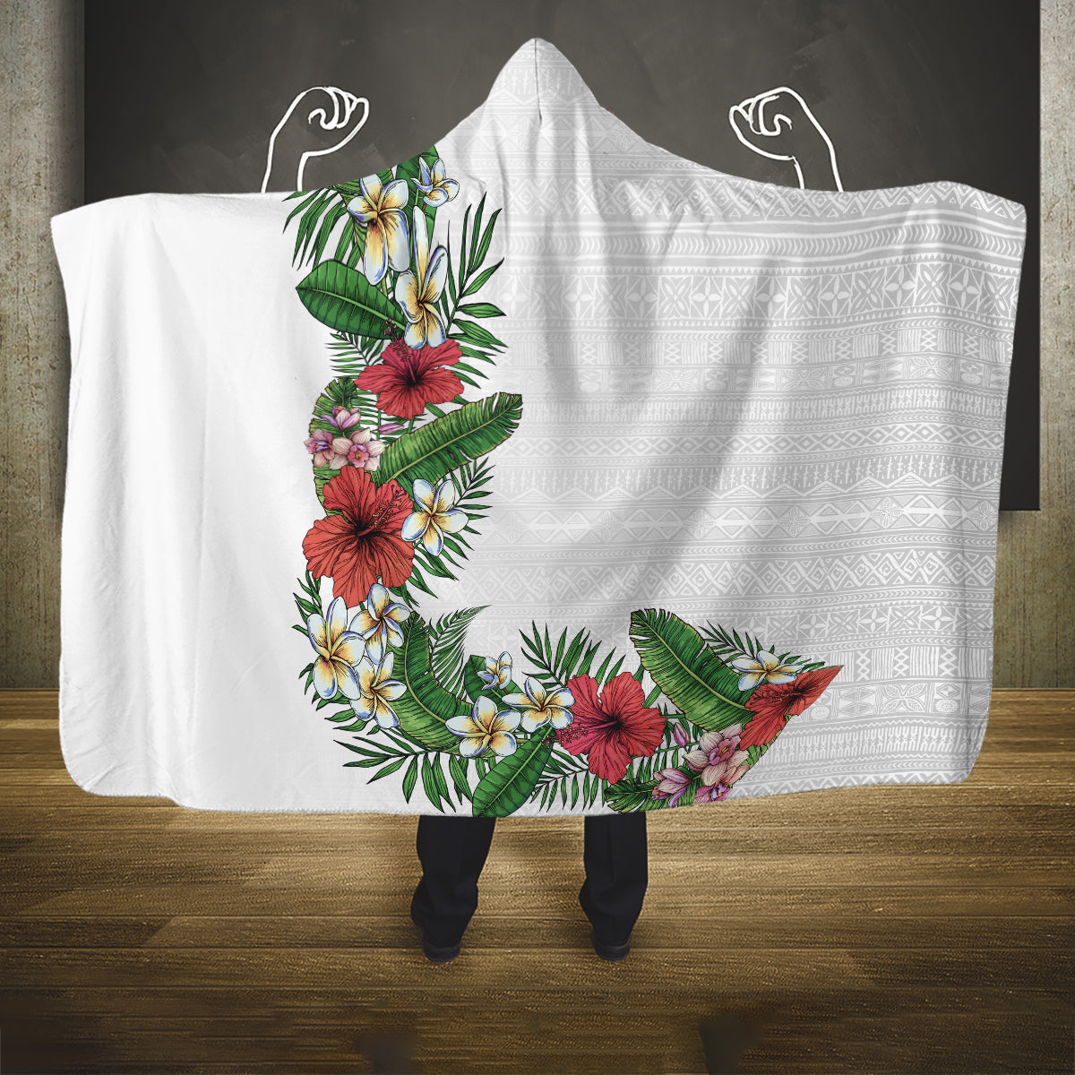 Hawaii Tropical Flowers and Leaves Hooded Blanket Tapa Pattern White Mode LT03 One Size White - Polynesian Pride