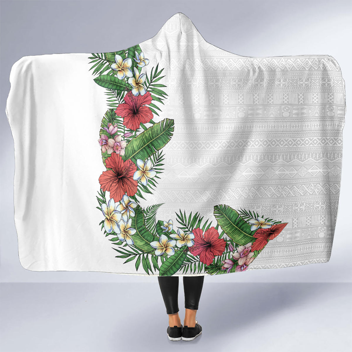Hawaii Tropical Flowers and Leaves Hooded Blanket Tapa Pattern White Mode LT03 - Polynesian Pride