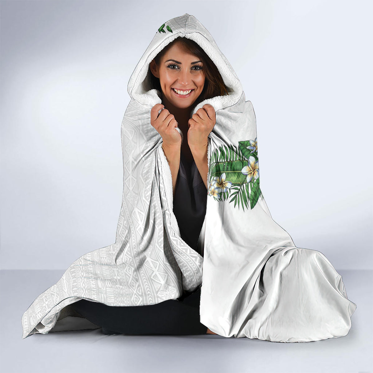 Hawaii Tropical Flowers and Leaves Hooded Blanket Tapa Pattern White Mode LT03 - Polynesian Pride