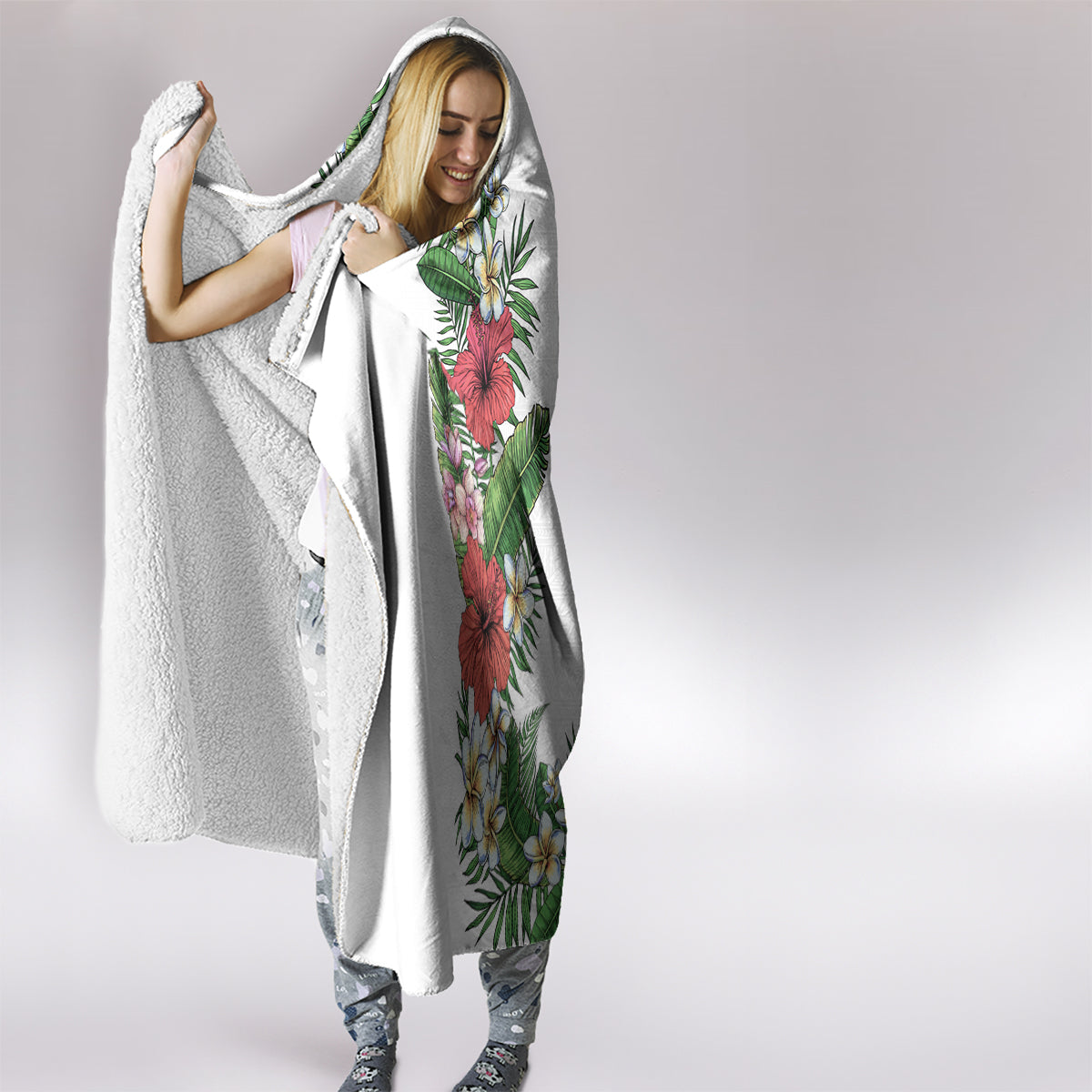 Hawaii Tropical Flowers and Leaves Hooded Blanket Tapa Pattern White Mode LT03 - Polynesian Pride