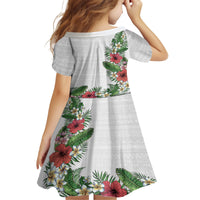 Hawaii Tropical Flowers and Leaves Kid Short Sleeve Dress Tapa Pattern White Mode