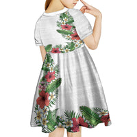 Hawaii Tropical Flowers and Leaves Kid Short Sleeve Dress Tapa Pattern White Mode