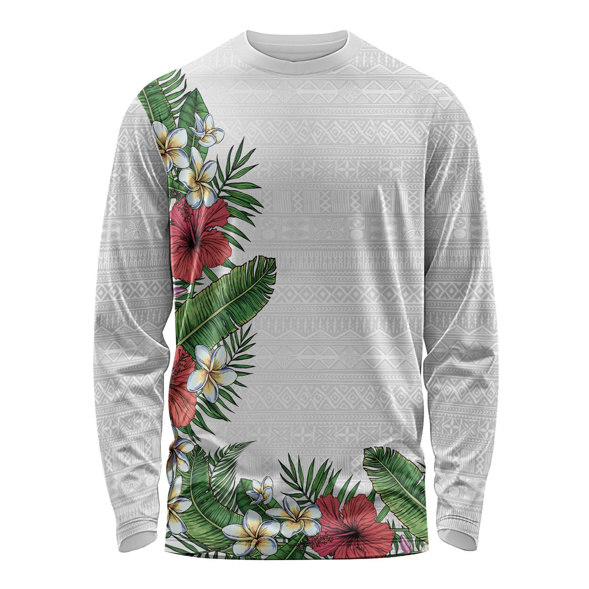 Hawaii Tropical Flowers and Leaves Long Sleeve Shirt Tapa Pattern White Mode