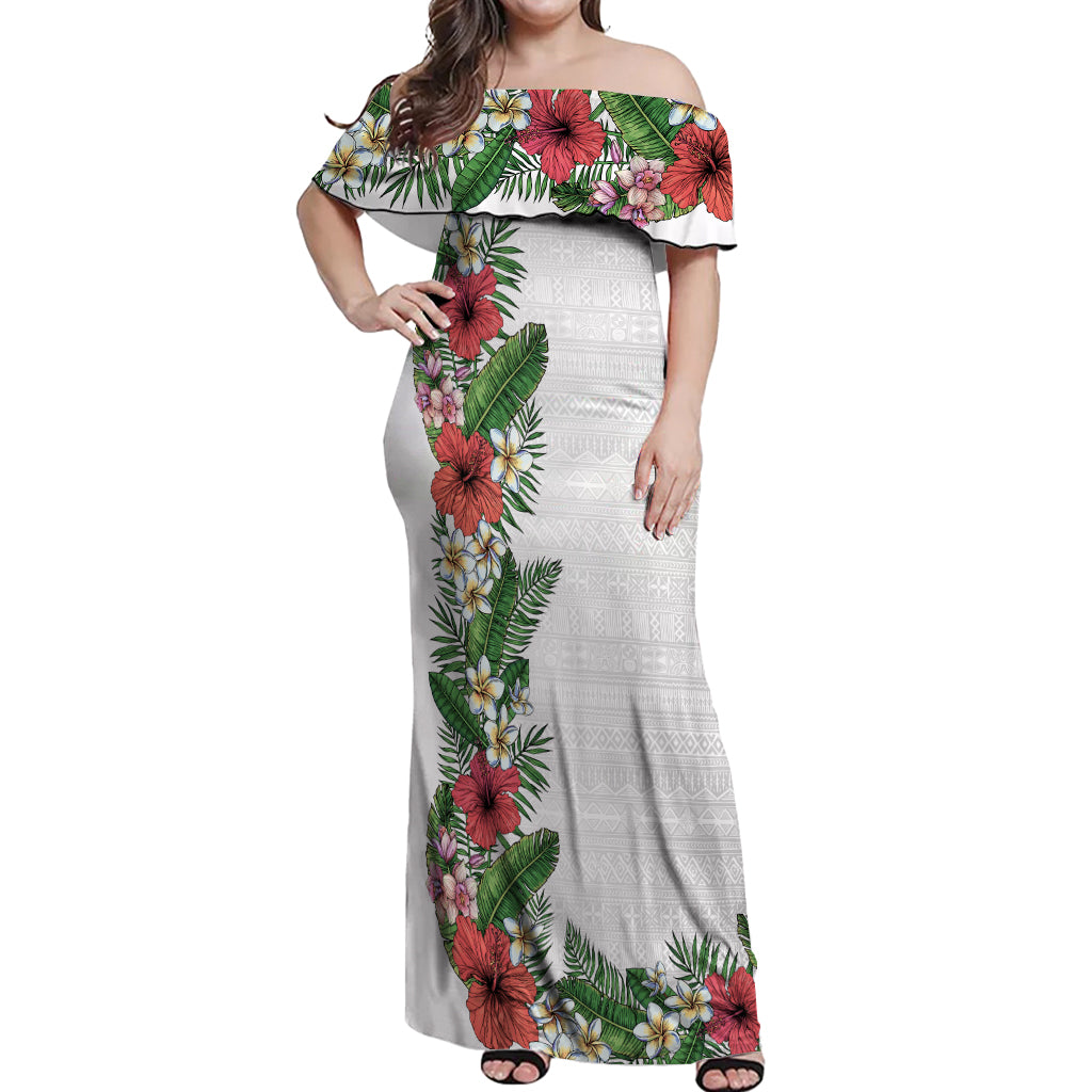 Hawaii Tropical Flowers and Leaves Off Shoulder Maxi Dress Tapa Pattern White Mode LT03 Women White - Polynesian Pride
