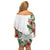 Hawaii Tropical Flowers and Leaves Off Shoulder Short Dress Tapa Pattern White Mode