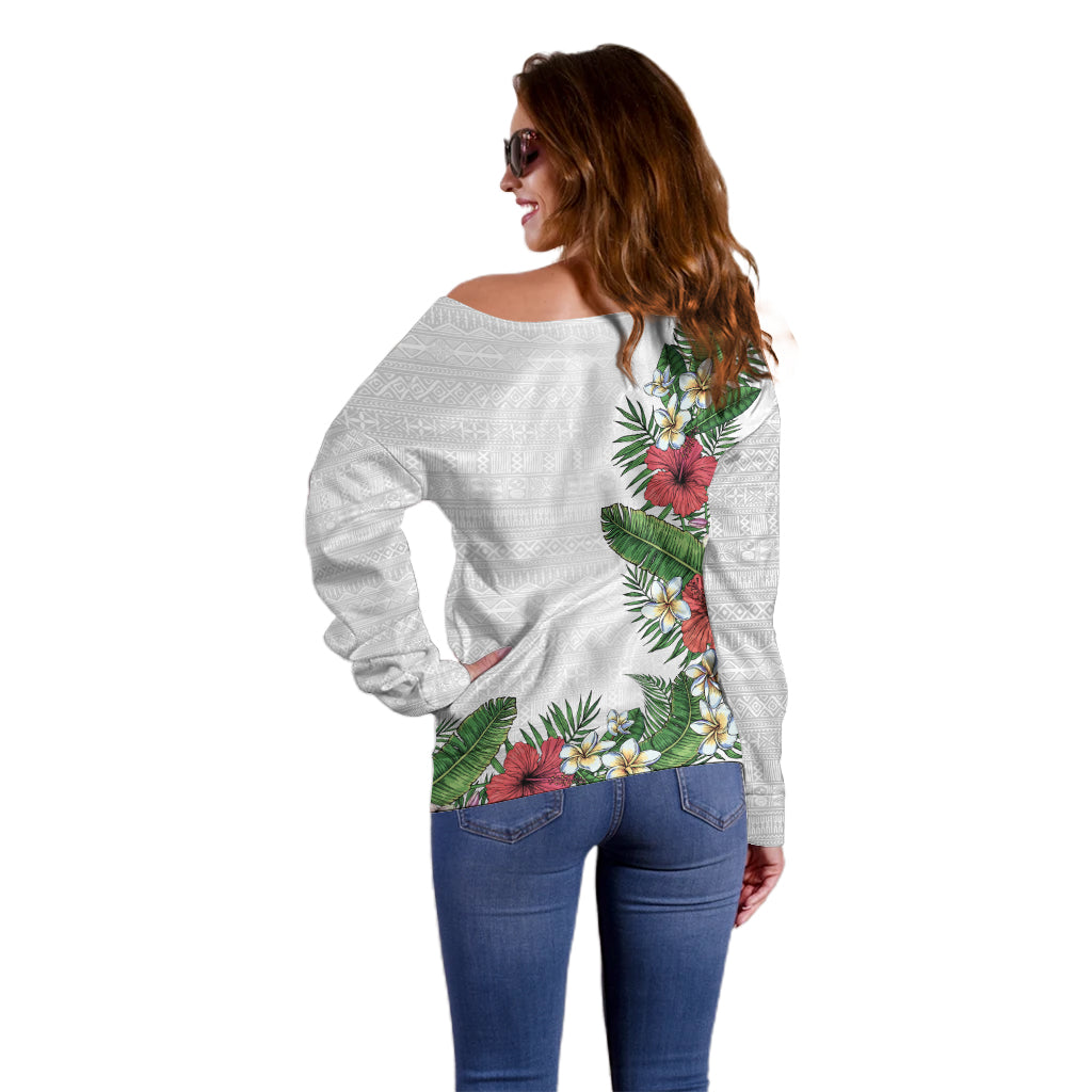 Hawaii Tropical Flowers and Leaves Off Shoulder Sweater Tapa Pattern White Mode