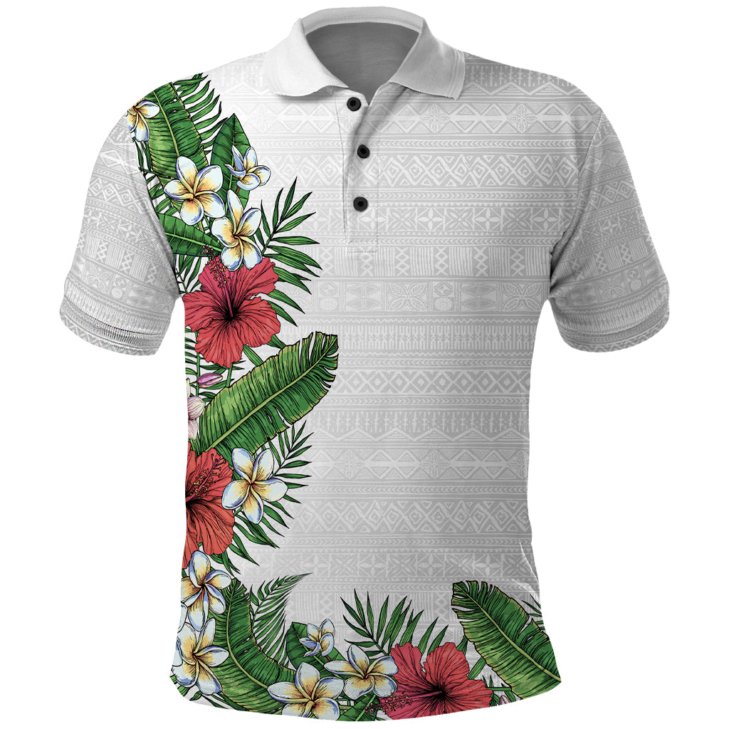 Hawaii Tropical Flowers and Leaves Polo Shirt Tapa Pattern White Mode