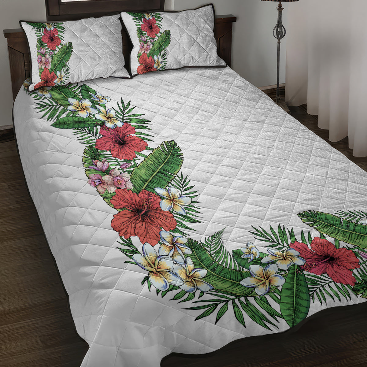 Hawaii Tropical Flowers and Leaves Quilt Bed Set Tapa Pattern White Mode