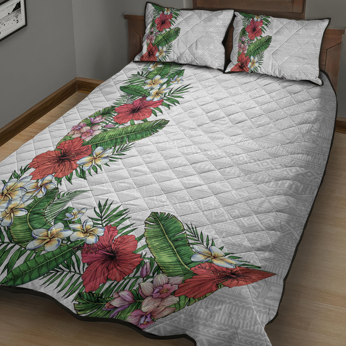 Hawaii Tropical Flowers and Leaves Quilt Bed Set Tapa Pattern White Mode LT03 - Polynesian Pride