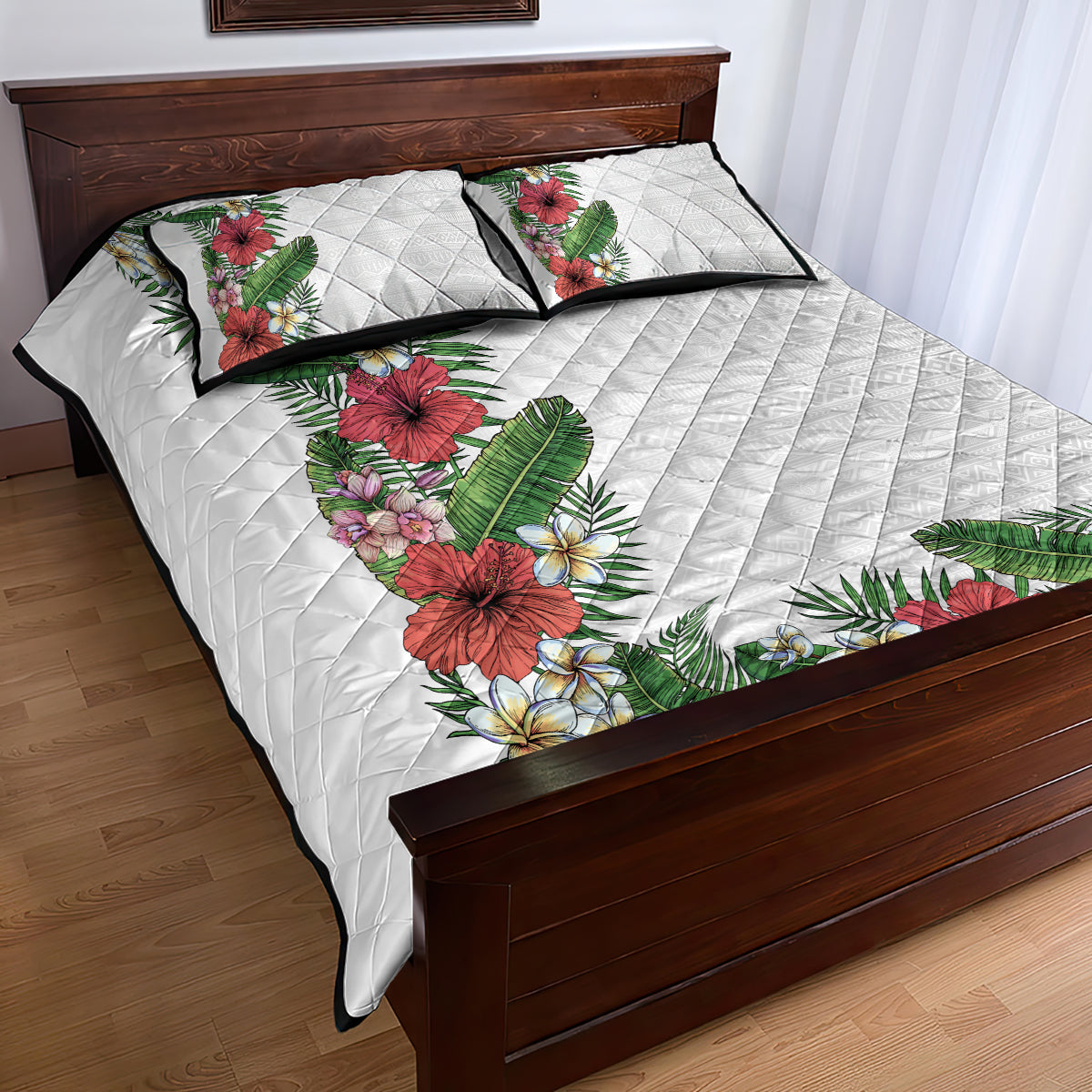 Hawaii Tropical Flowers and Leaves Quilt Bed Set Tapa Pattern White Mode LT03 - Polynesian Pride