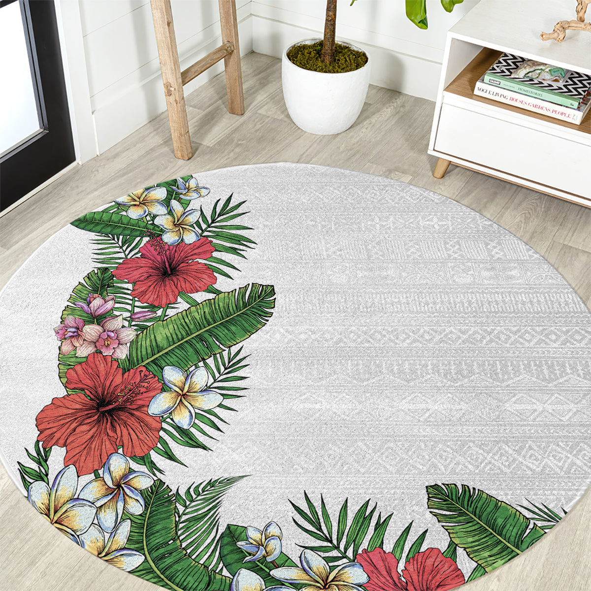 Hawaii Tropical Flowers and Leaves Round Carpet Tapa Pattern White Mode