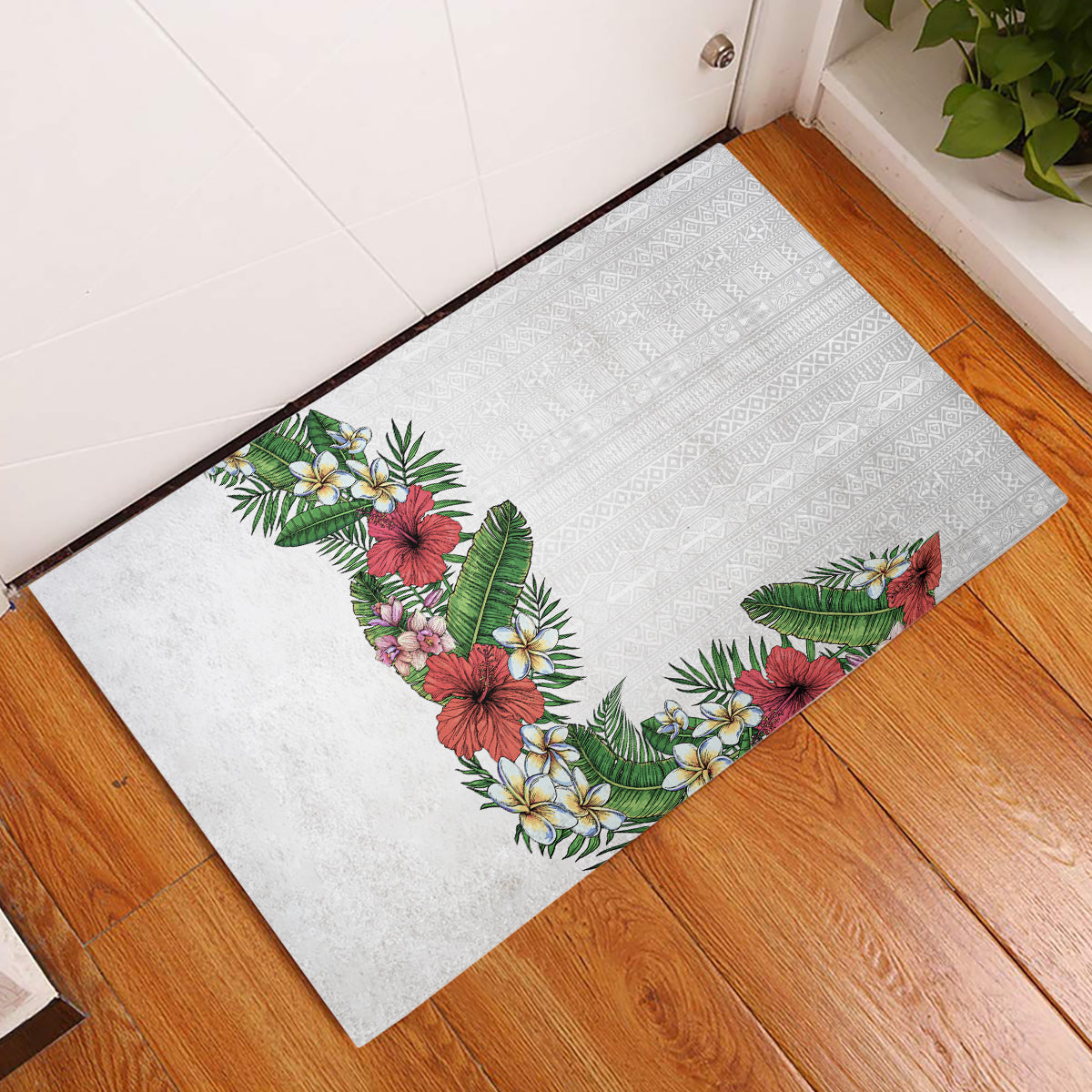 Hawaii Tropical Flowers and Leaves Rubber Doormat Tapa Pattern White Mode LT03 White - Polynesian Pride