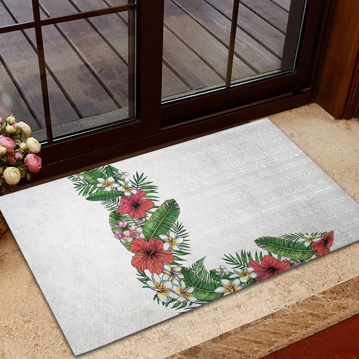 Hawaii Tropical Flowers and Leaves Rubber Doormat Tapa Pattern White Mode LT03 - Polynesian Pride