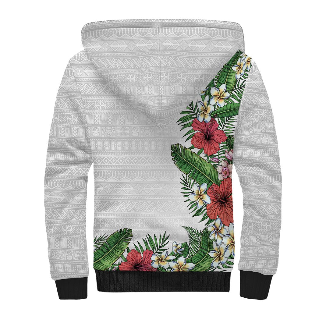 Hawaii Tropical Flowers and Leaves Sherpa Hoodie Tapa Pattern White Mode LT03 - Polynesian Pride