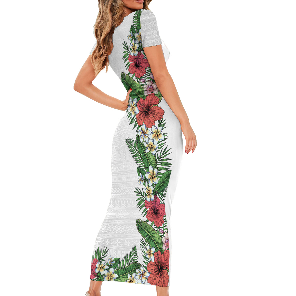 Hawaii Tropical Flowers and Leaves Short Sleeve Bodycon Dress Tapa Pattern White Mode