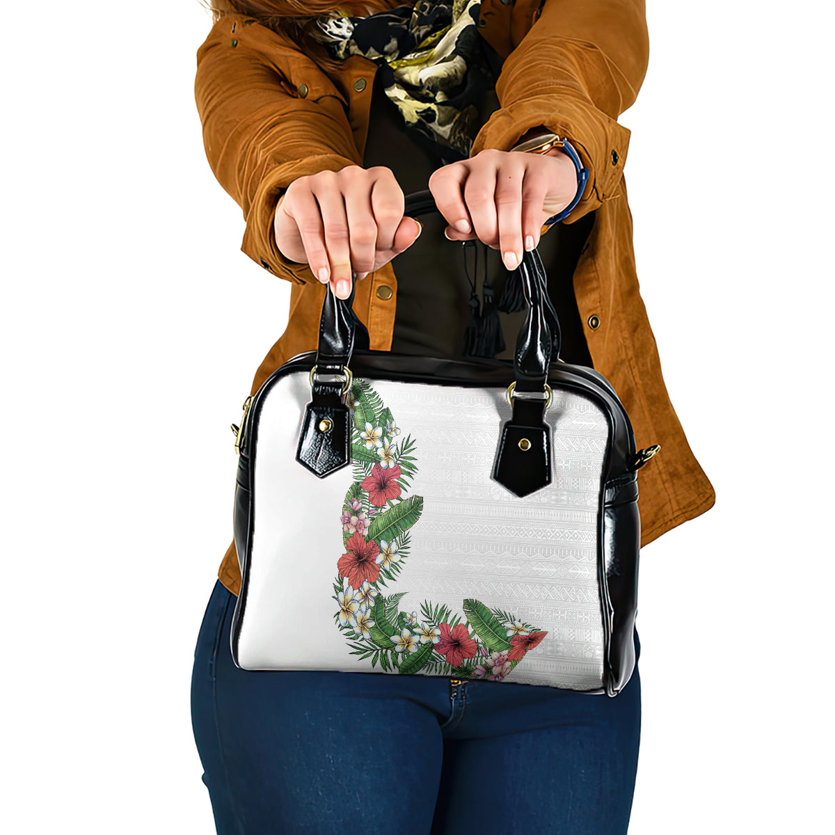 Hawaii Tropical Flowers and Leaves Shoulder Handbag Tapa Pattern White Mode