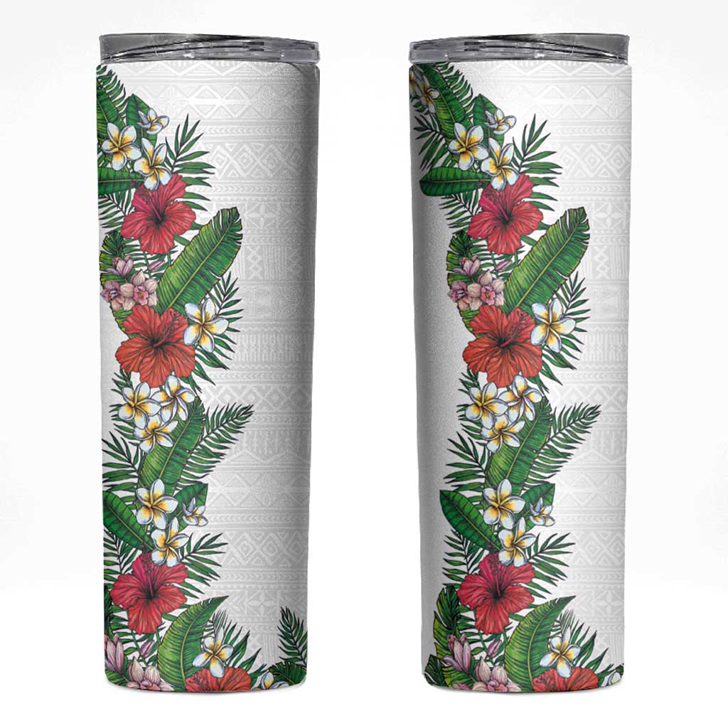 Hawaii Tropical Flowers and Leaves Skinny Tumbler Tapa Pattern White Mode