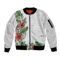 Hawaii Tropical Flowers and Leaves Sleeve Zip Bomber Jacket Tapa Pattern White Mode LT03 Unisex White - Polynesian Pride
