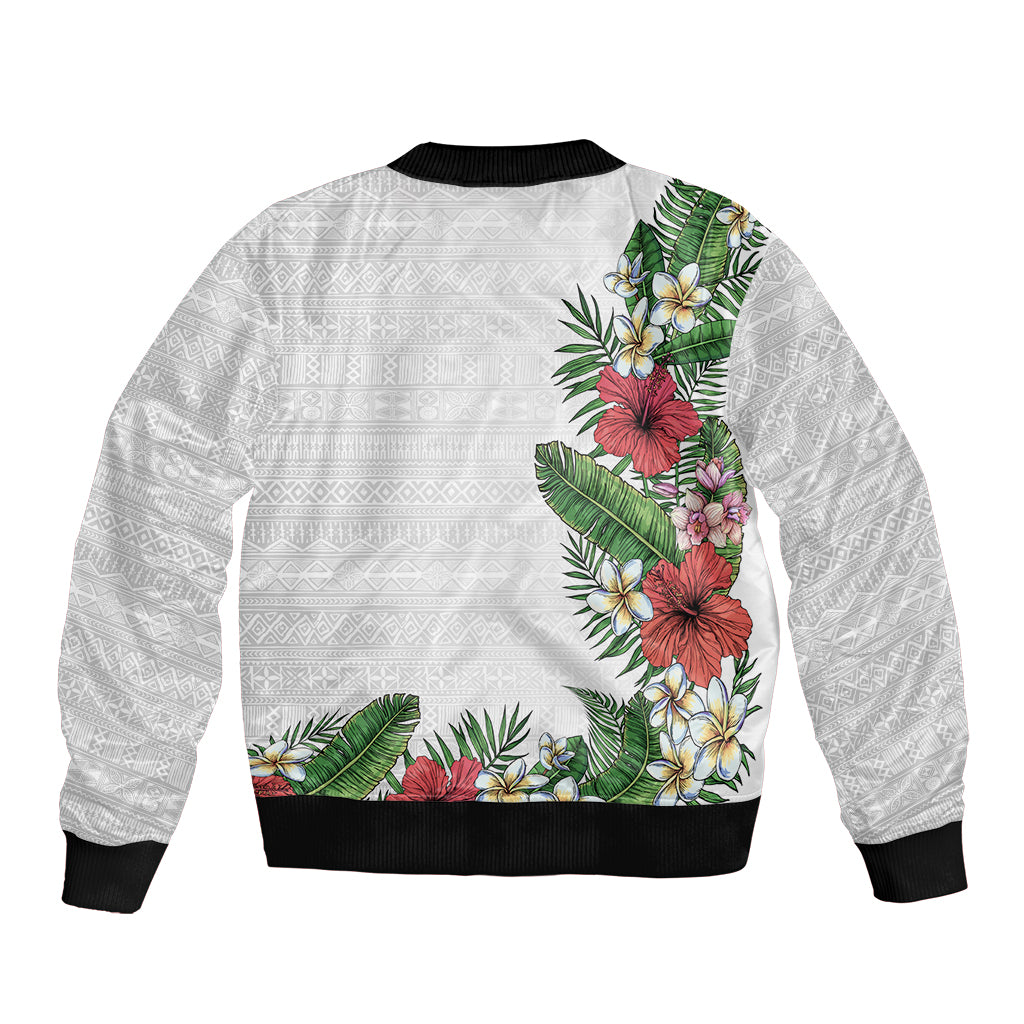 Hawaii Tropical Flowers and Leaves Sleeve Zip Bomber Jacket Tapa Pattern White Mode LT03 - Polynesian Pride