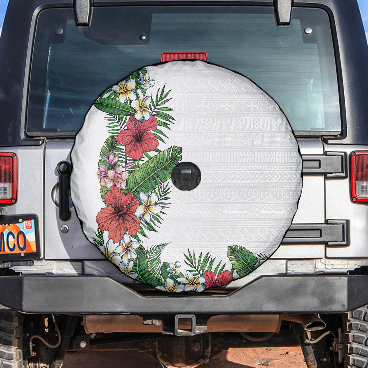 Hawaii Tropical Flowers and Leaves Spare Tire Cover Tapa Pattern White Mode LT03 White - Polynesian Pride