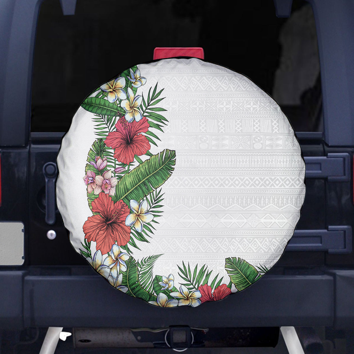 Hawaii Tropical Flowers and Leaves Spare Tire Cover Tapa Pattern White Mode LT03 - Polynesian Pride