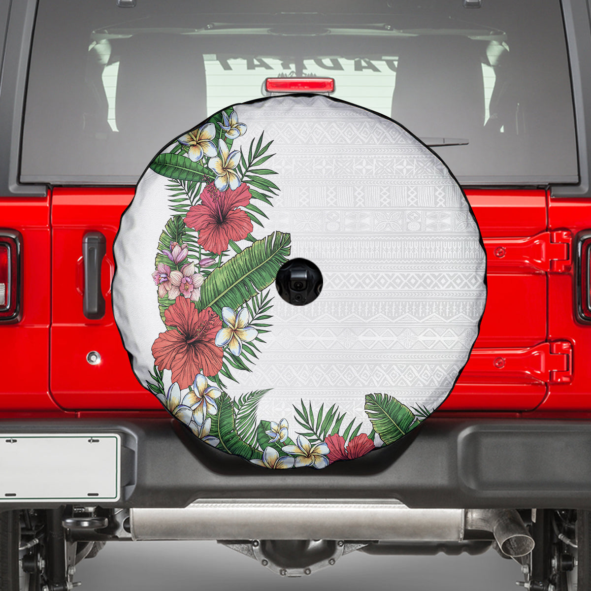 Hawaii Tropical Flowers and Leaves Spare Tire Cover Tapa Pattern White Mode LT03 - Polynesian Pride